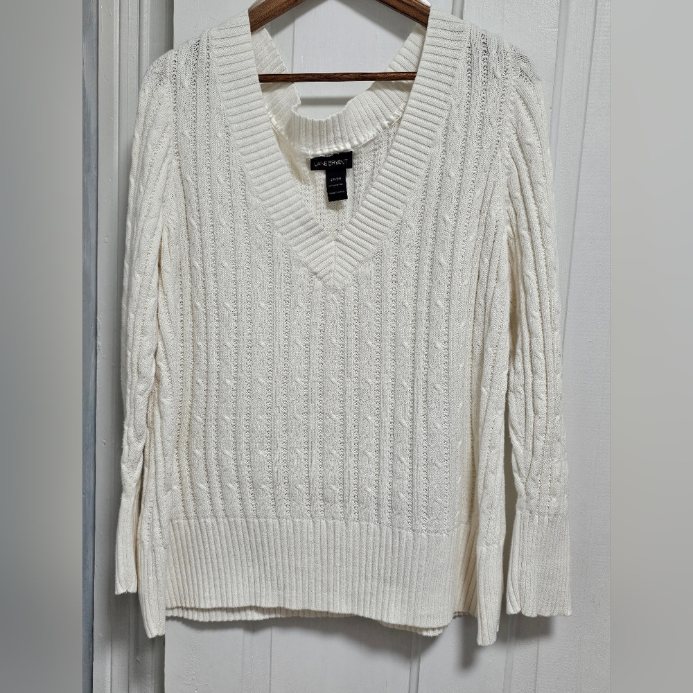 Lane Bryant Off-White Cable Knit V-Neck Sweater